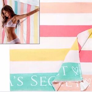 VS LOGO 100% COTTON BEACH BLANKET TOWEL COLORFUL STRIPES TASSEL BEACH COVERUP